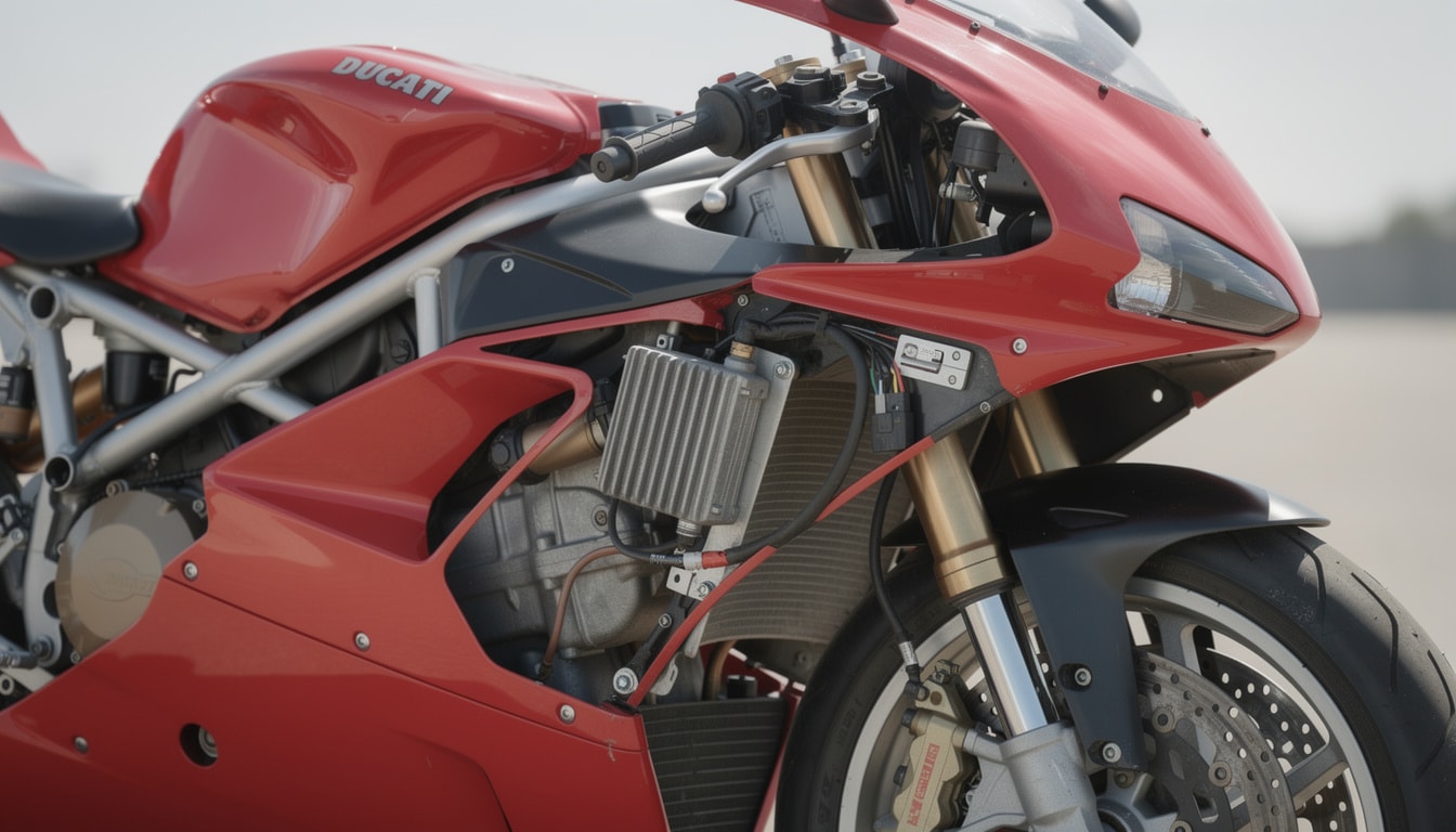 découvrez l'emplacement exact du régulateur de tension sur la ducati 916 st4 de 2000, situé sous le carénage droit, pour faciliter l'entretien et les réparations.